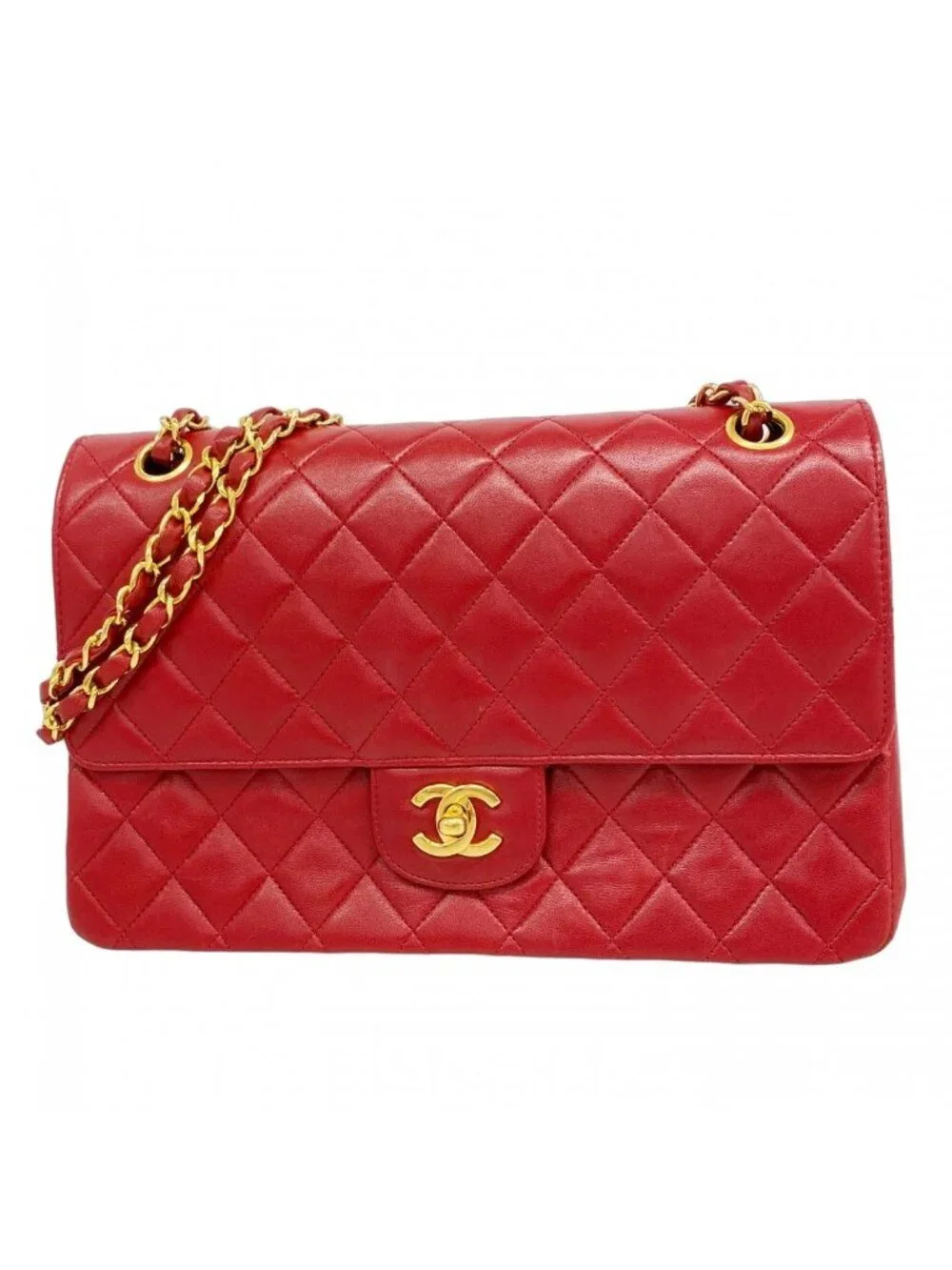 Chanel Shoulder Bag Quilted Lambskin Red Gold